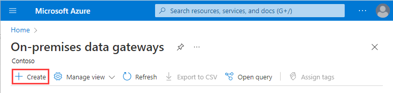 Capture d’écran montrant la page des passerelles de données locales avec l’option sélectionnée pour la création.