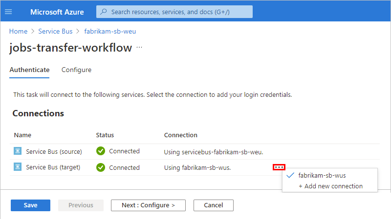 Capture d’écran de l’onglet Authentification contenant la liste des connexions existantes et dans lequel le menu «&nbsp;...&nbsp;» est sélectionné.