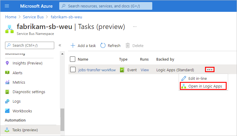 Capture d'écran sur laquelle le menu «&nbsp;...&nbsp;» est ouvert et l'option «&nbsp;Ouvrir dans Logic Apps&nbsp;» est sélectionnée.