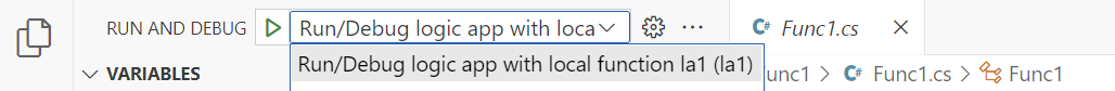 Capture d’écran montrant la liste d'exécution/débogage avec une option de sélection pour l'application logique avec fonction locale.