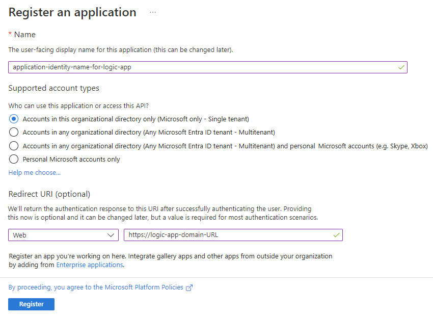 Capture d’écran montrant le volet pour inscrire une application avec le nom de l'identité de l'application et l’URL où envoyer la réponse d’authentification.
