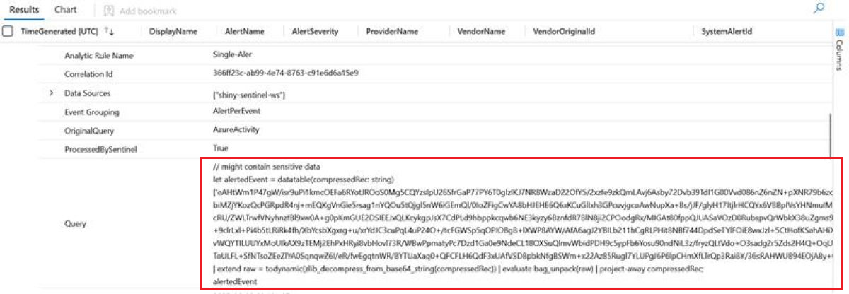 Capture d’écran des exemples de résultats pour déclencher une alerte pour chaque mode d’événement montrant une requête encodée en base64.