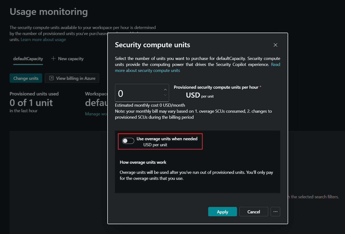 Capture d’écran des paramètres de surveillance de l’utilisation de Security Copilot.