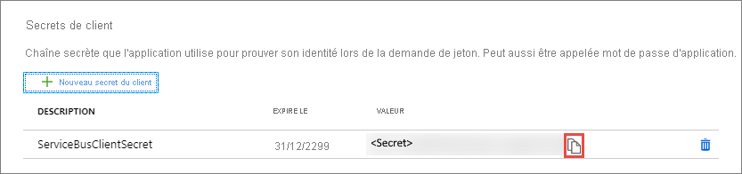 Capture d’écran montrant la zone des secrets client, ainsi que le bouton permettant de copier un secret.