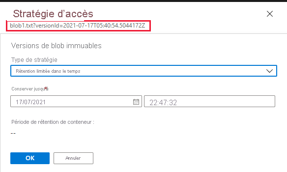 Capture d’écran montrant comment configurer une stratégie de rétention pour une version précédente d’objet blob dans le Portail Azure