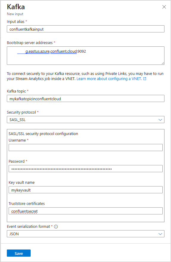 Capture d’écran montrant comment configurer l’entrée Kafka pour un travail Stream Analytics.