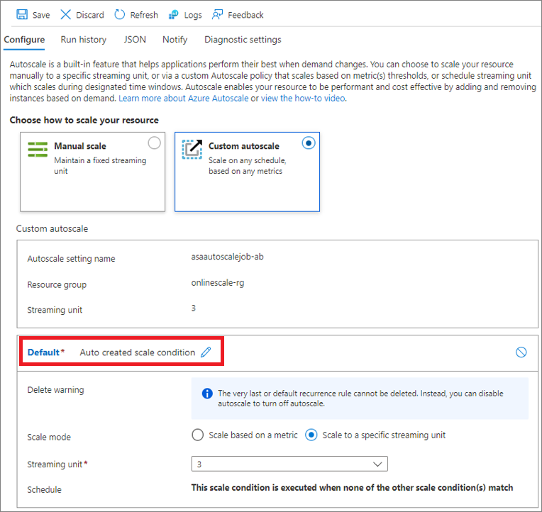 Capture d’écran montrant la condition par défaut de mise à l’échelle automatique personnalisée que vous modifiez.