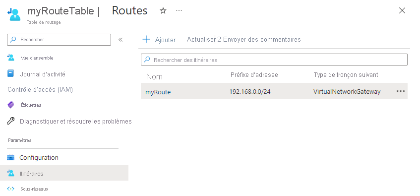 Capture d’écran des itinéraires d’une table de routage.