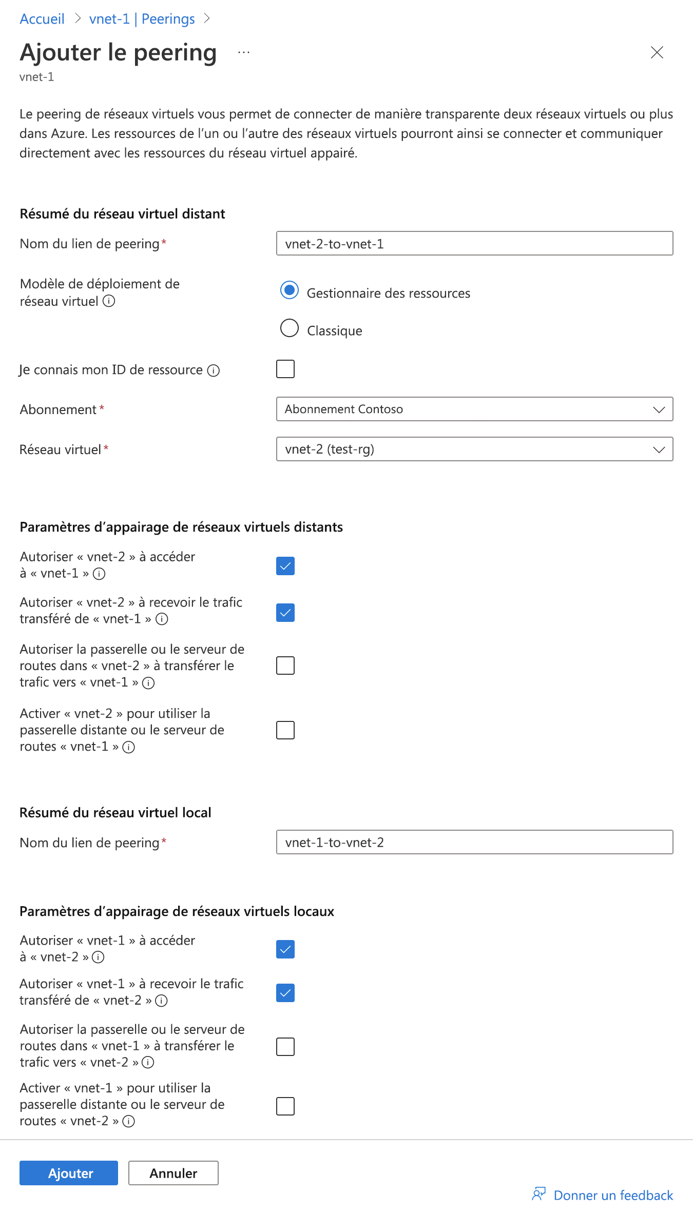 Capture d’écran du portail Azure montrant la page de configuration du peering de réseaux virtuels.