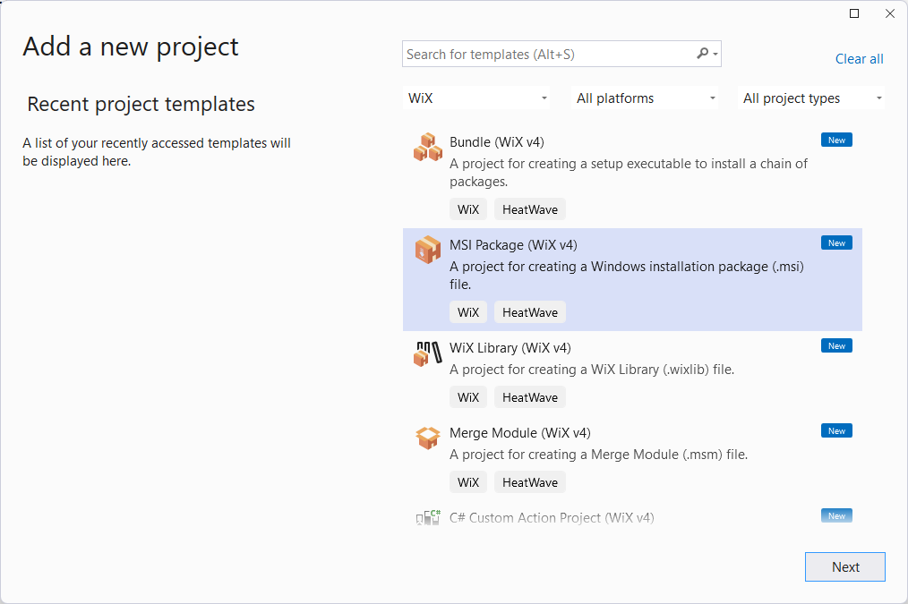 Boîte de dialogue Ajouter un nouveau projet : Nouveau projet Package MSI (Wix v4).