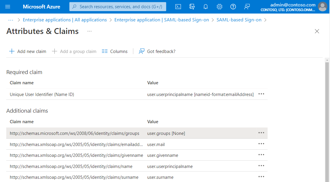 Capture d’écran des attributs de jeton SAML dans l’interface utilisateur.