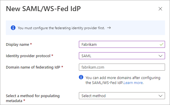 Capture d’écran montrant la nouvelle page SAML ou WS-Fed du Fournisseur d’identité.