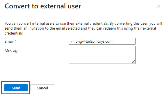 Capture d’écran du volet Convertir en utilisateur externe où une adresse e-mail externe est entrée avant d’envoyer l’invitation.