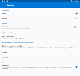 Capture d’écran des paramètres Microsoft&nbsp;Authenticator.