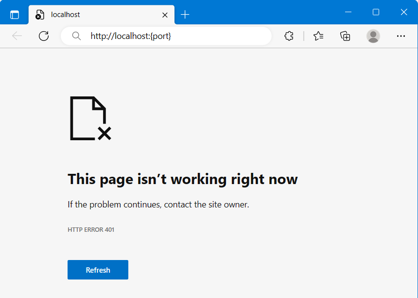 Capture d’écran montrant l’erreur 401 lorsque la page web est lancée.