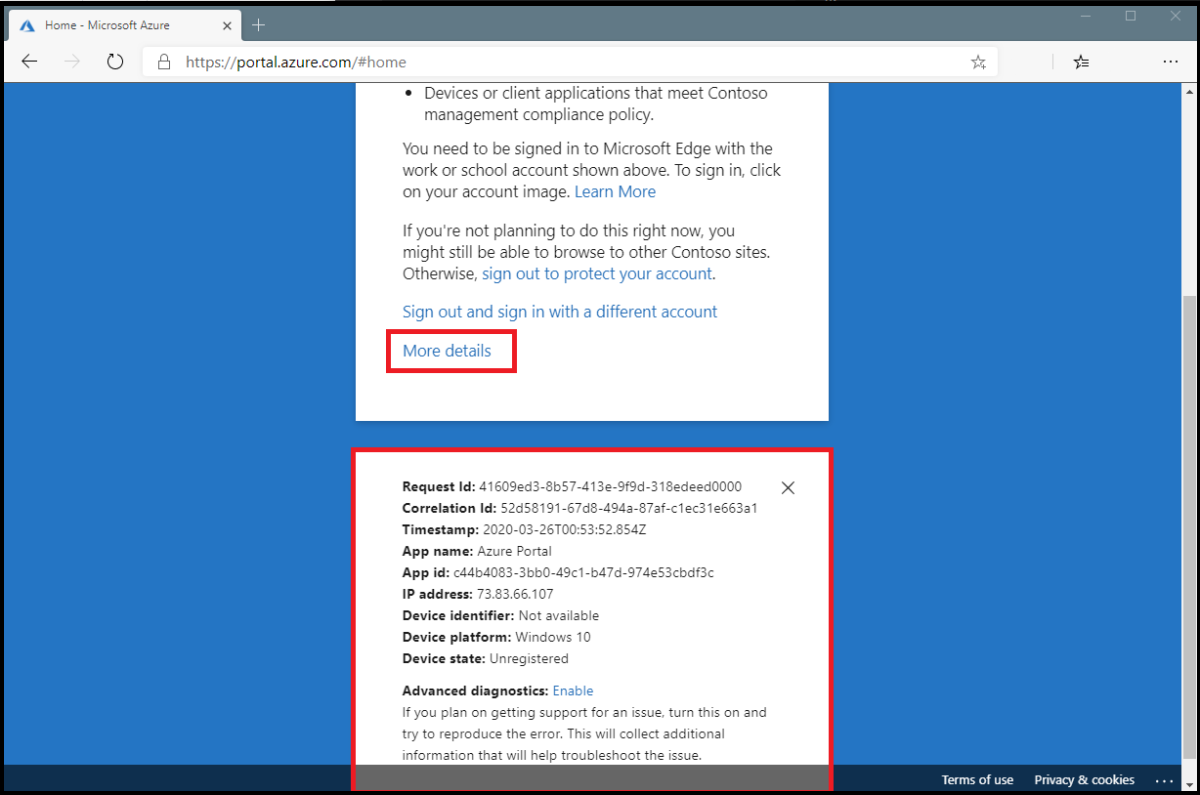 Capture d’écran montrant plus de détails sur une tentative de connexion via un navigateur web interrompue par un accès conditionnel.