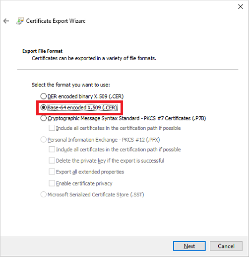 Choisir l’option d’exporter le certificat dans le format de fichier «&nbsp;X.509 encodé en base 64 (*.cer)&nbsp;»