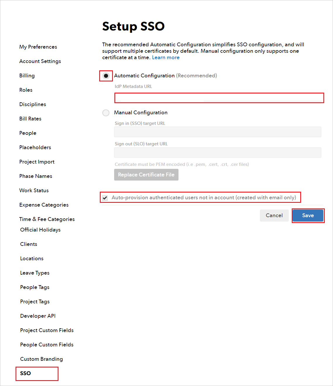 Capture d’écran de la page Settings SSO.