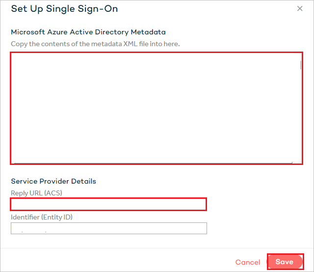 Capture d’écran montrant la section Set Up Single Sign-on avec les valeurs décrites à cette étape.