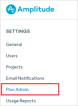 Capture d’écran montrant le menu Amplitude avec Plan Admin sélectionné.