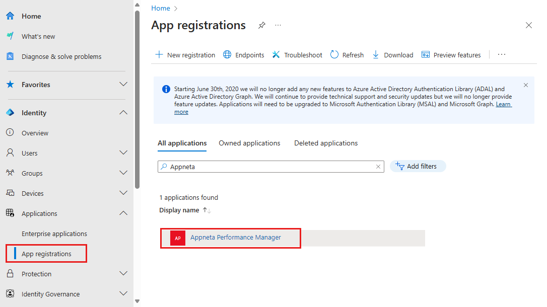 Capture d’écran montrant les inscriptions d’applications avec Appneta Performance Manager en bas.