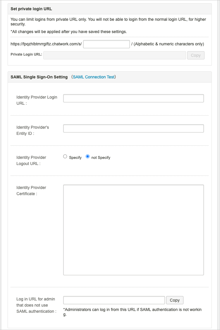 Capture d’écran de la configuration des paramètres de connexion SAML.