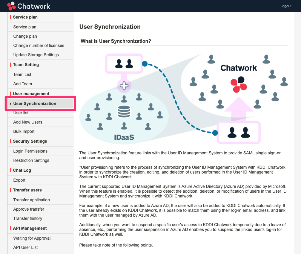 Capture d’écran de la page Synchronisation des utilisateurs.