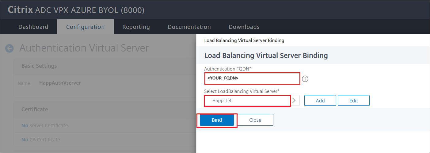 Capture d'écran de la configuration du connecteur Citrix ADC SAML pour Microsoft Entra – Volet Liaison de serveur virtuel d'équilibrage de charge