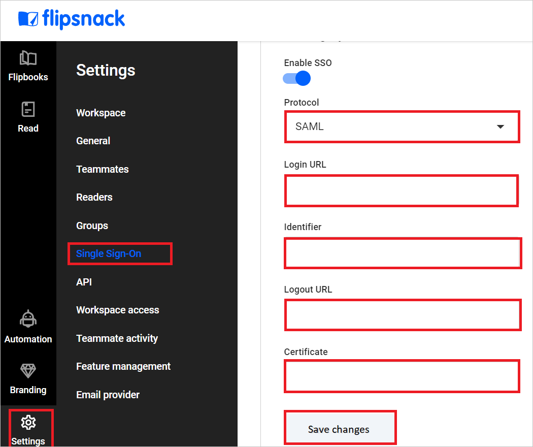 Capture d’écran montrant la page configuration SSO.