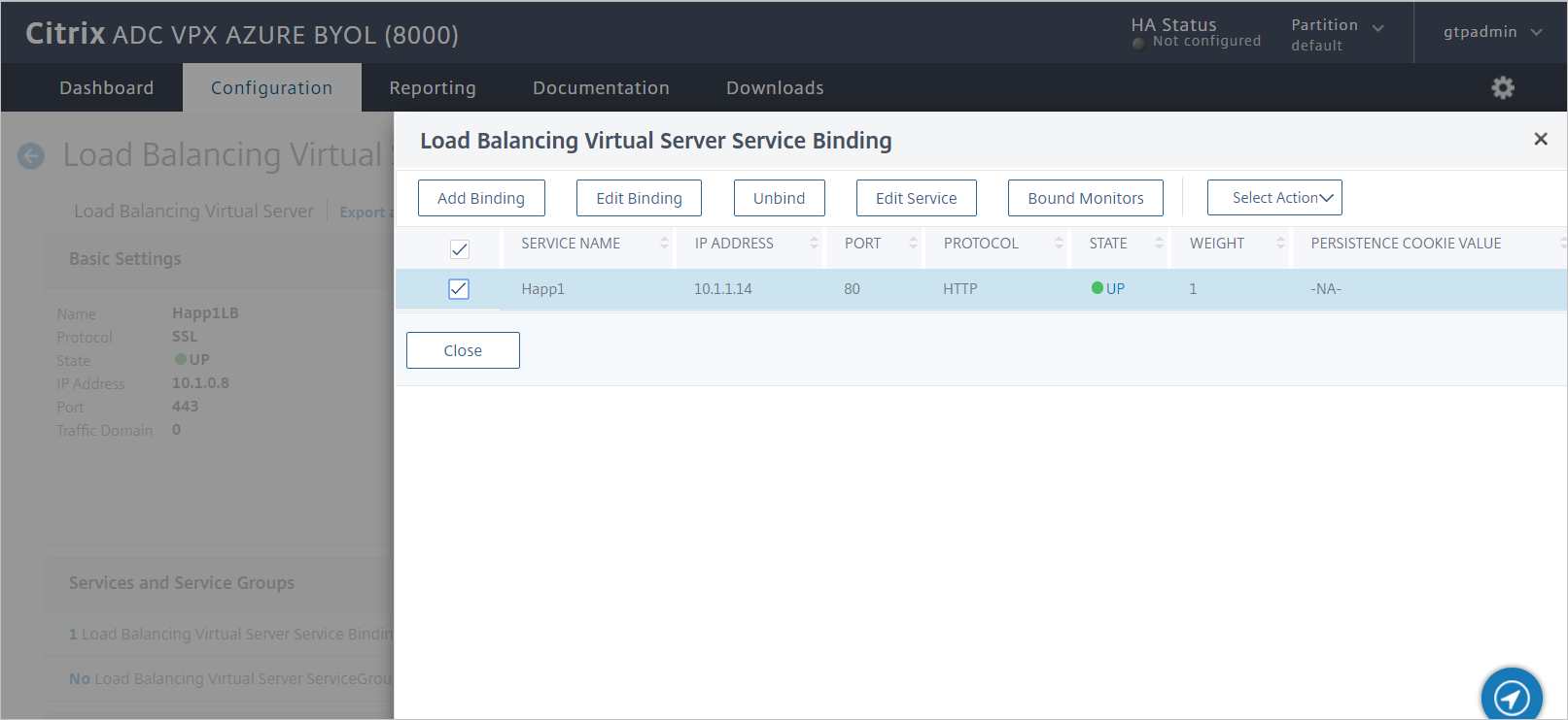 Configuration de Citrix ADC - Vérifier la liaison des services de serveur virtuel