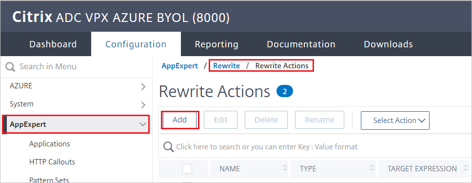 Configuration de Citrix ADC - Volet Actions de réécriture