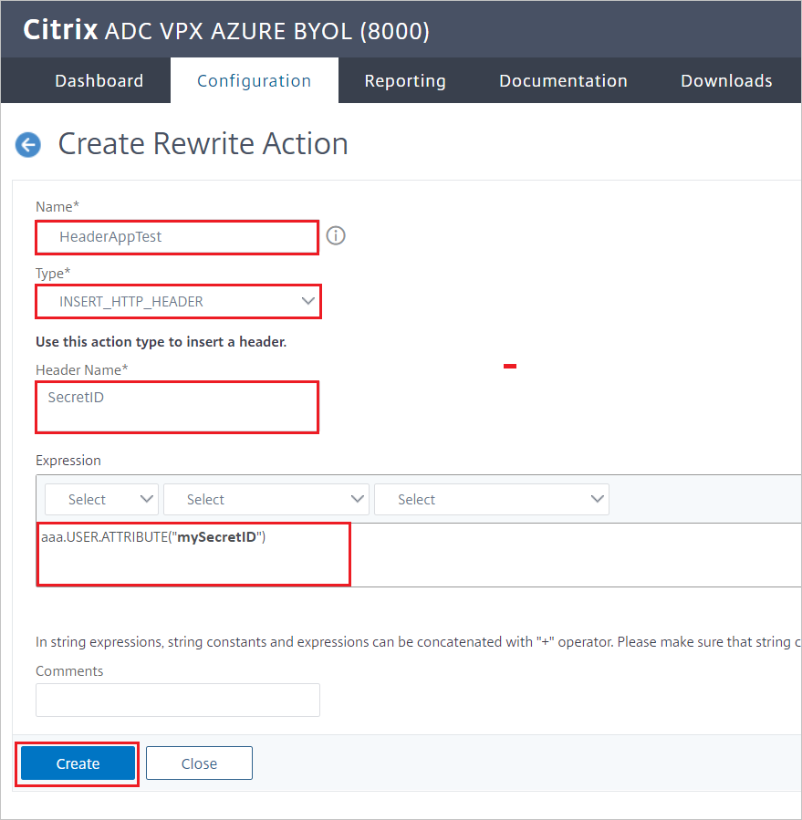 Configuration de Citrix ADC - Volet Créer une action de réécriture