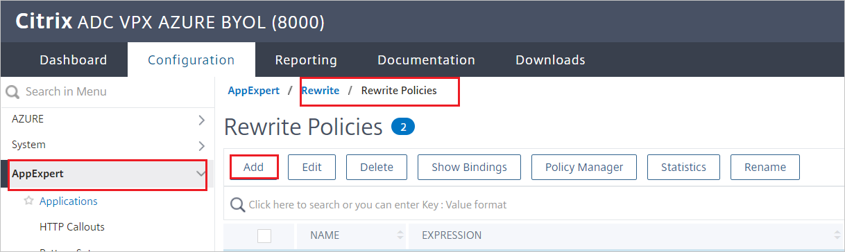 Configuration de Citrix ADC - Volet Réécrire des stratégies