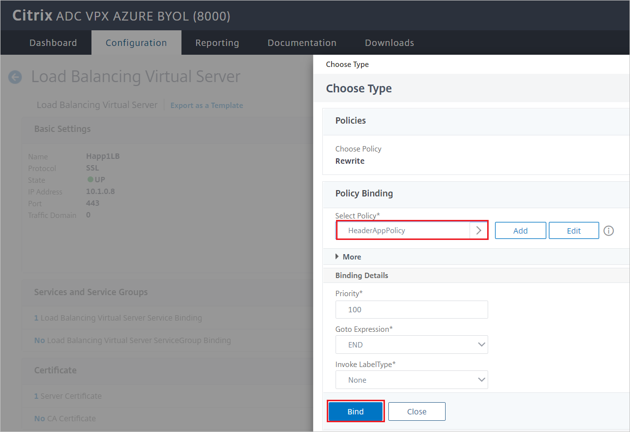 Configuration de Citrix ADC&nbsp;-&nbsp;volet Liaison de stratégie de trafic de serveur virtuel d’équilibrage de charge