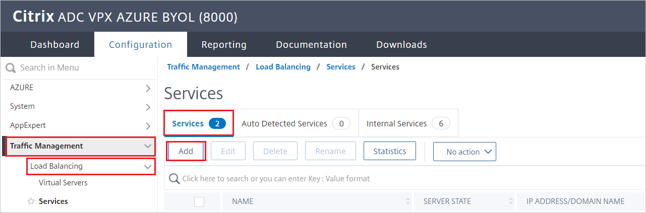Configuration de Citrix ADC - Volet Services