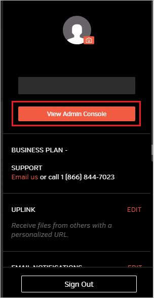 Capture d’écran montrant le bouton View Admin Console pour l’utilisateur.