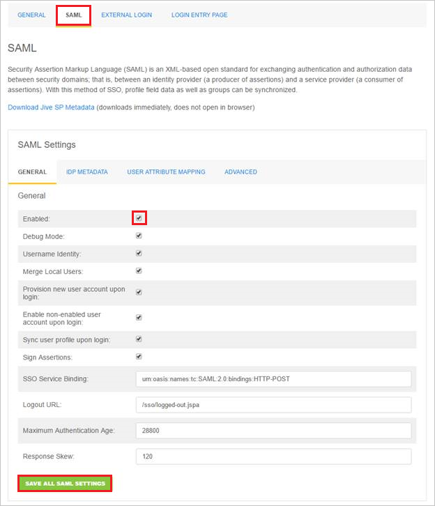 Capture d’écran montrant l’onglet SAML avec l’élément Enabled sélectionné.