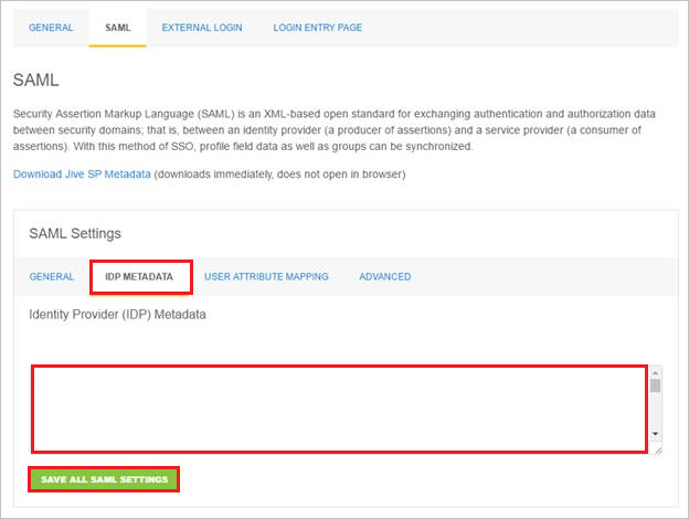 Capture d’écran montrant l’onglet SAML avec l’élément IDP METADATA sélectionné.