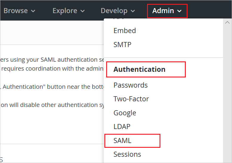 Capture d’écran de l’option SAML