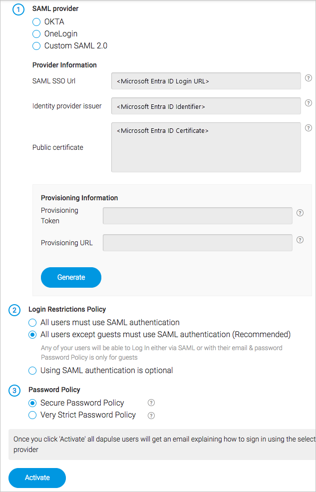 Capture d’écran montrant la zone du fournisseur SAML dans laquelle vous pouvez entrer des informations à partir de votre fournisseur d’identité.