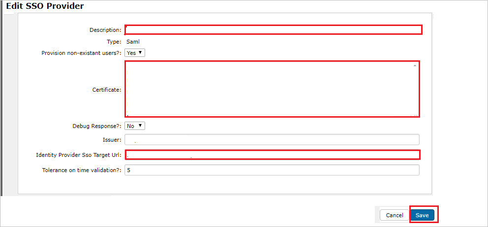 Capture d’écran montrant la zone Edit SSO Provider dans laquelle vous pouvez entrer les valeurs décrites.