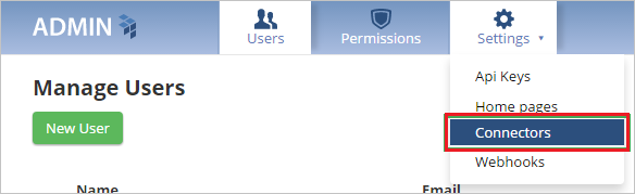 Capture d’écran montrant la liste déroulante «&nbsp;Settings&nbsp;» avec l’option «&nbsp;Connectors&nbsp;» sélectionnée.