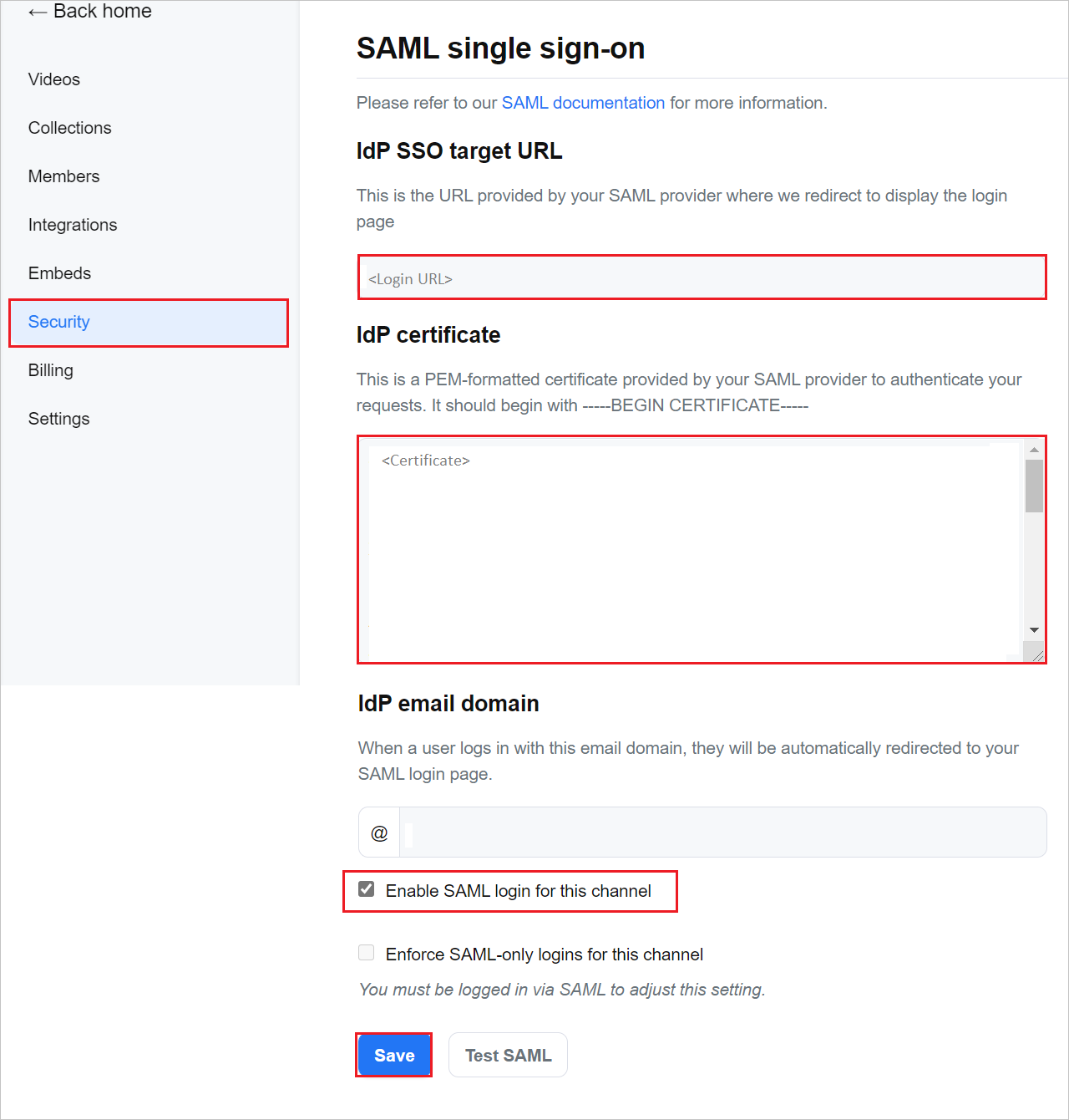 Section d’authentification unique SAML