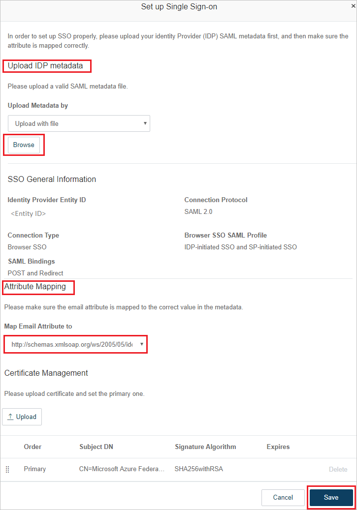 Capture d’écran montrant la page Configurer une Sign-On unique dans laquelle vous pouvez charger les métadonnées I D P.