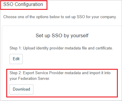 Capture d’écran montrant la page Configuration de SSO dans laquelle vous pouvez sélectionner Télécharger.