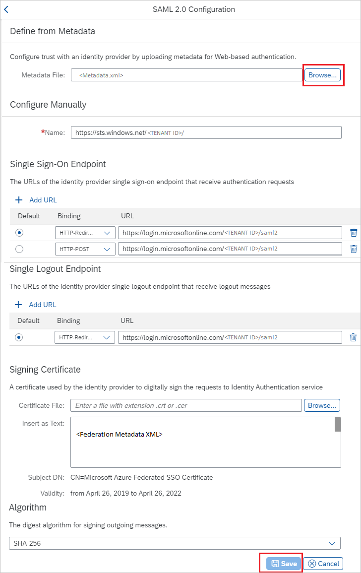 Capture d’écran montrant la section «&nbsp;SAML&nbsp;2.0 Configuration&nbsp;» avec le bouton «&nbsp;Browse&nbsp;» sélectionné.