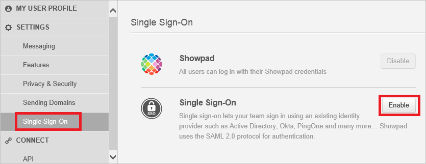 Capture d’écran montrant la sélection de Single Sign-on avec une option Enable mise en évidence.
