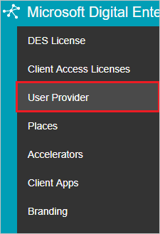 Capture d’écran montrant User Provider sélectionné dans le menu
