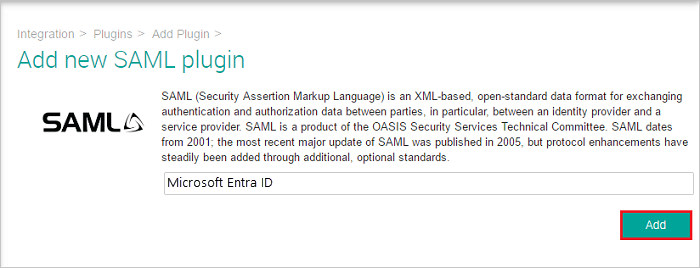 Capture d’écran montrant la boîte de dialogue Add new SAML plugin avec Microsoft Entra&nbsp;ID entré.