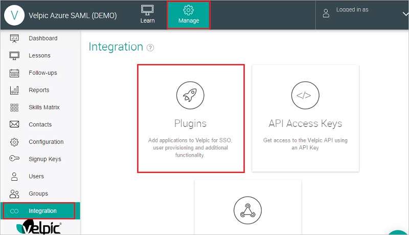 Capture d’écran montrant la page Integration dans laquelle vous pouvez sélectionner Plugins